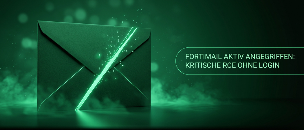 Dunkelgrüner Umschlag, von einem leuchtenden diagonalen Schnitt durchtrennt, mit aufsteigenden Funken und dem Text FortiMail aktiv angegriffen: Kritische RCE ohne Login