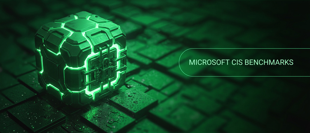 Grüner, gepanzerter Serverwürfel mit leuchtenden Fugen, beschriftet mit „Microsoft CIS Benchmarks“