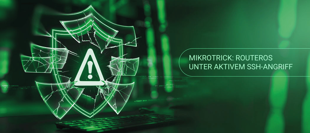 Zersplitterter Glasschild mit Warnsymbol über einer Tastatur, symbolisch für MikroTik RouterOS unter aktivem SSH-Angriff