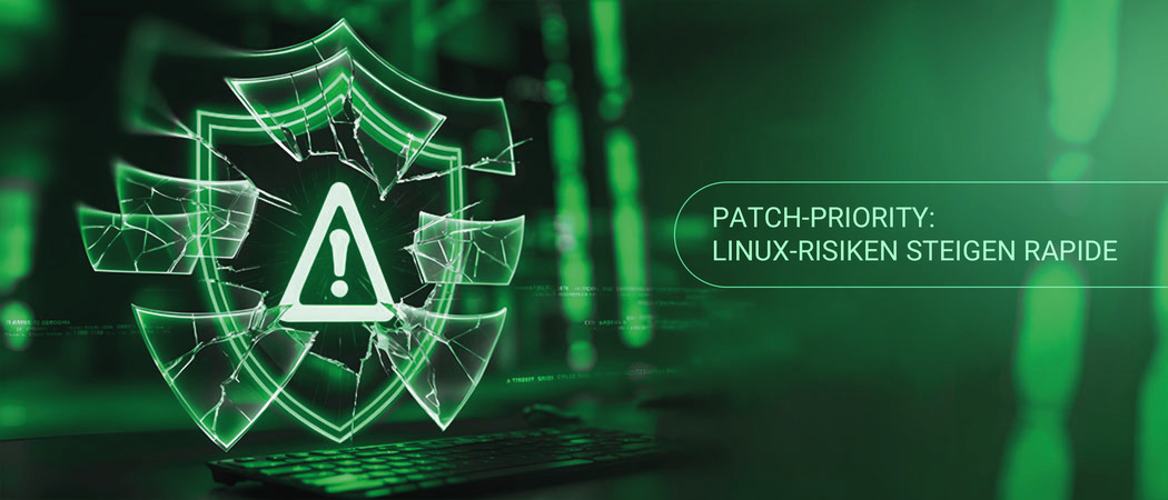 Illustration eines zerbrochenen grünen Schildes als Symbol für eine neue Welle bekannt gewordener Linux-Kernel-Sicherheitslücken, mit der Überschrift „Patch-Priority: Linux-Risiken steigen rapide“