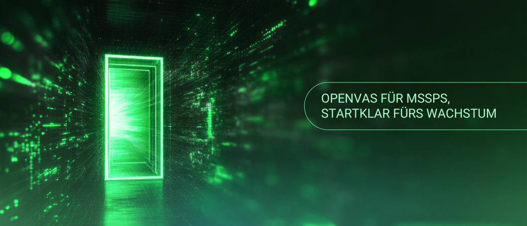 Eine leuchtend grüne Tür öffnet sich zu einem dunklen, von Daten erhellten Korridor und symbolisiert, dass sich das Greenbone-MSSP-Programm für Dienstleister öffnet