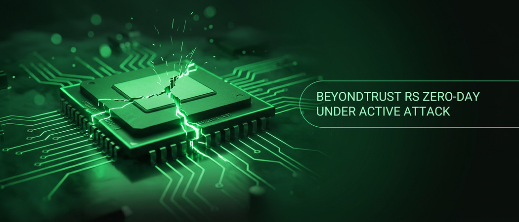 Illustration of a processor chip on a circuit board with a glowing fracture across its core, representing the authentication bypass in BeyondTrust Remote Support