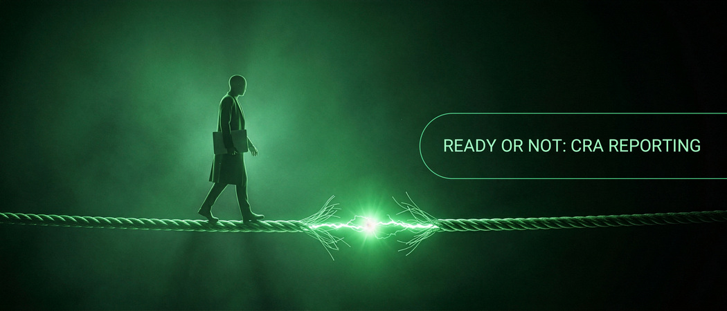 A silhouetted figure carrying a laptop walks across a glowing wire that is still forming just ahead of their steps, in the dark, symbolizing the unfinished reporting infrastructure two weeks before the CRA's Article 14 deadline