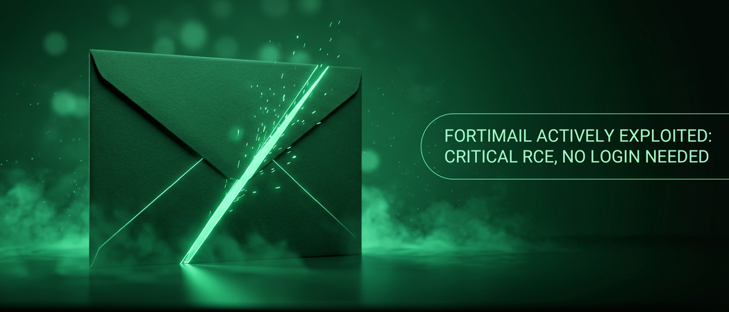 Dark green envelope split by a glowing diagonal cut and rising sparks, with the text FortiMail Actively Exploited: Critical RCE, No Login Needed