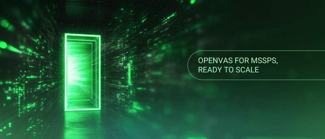 A glowing green doorway opens onto a dark, data-lit corridor, symbolizing the Greenbone MSSP Program opening to service providers